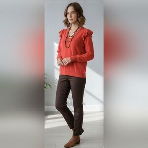 Torrid French Terry V Neck Ruffle Shoulder Sweatshirt  Vermilion 00
